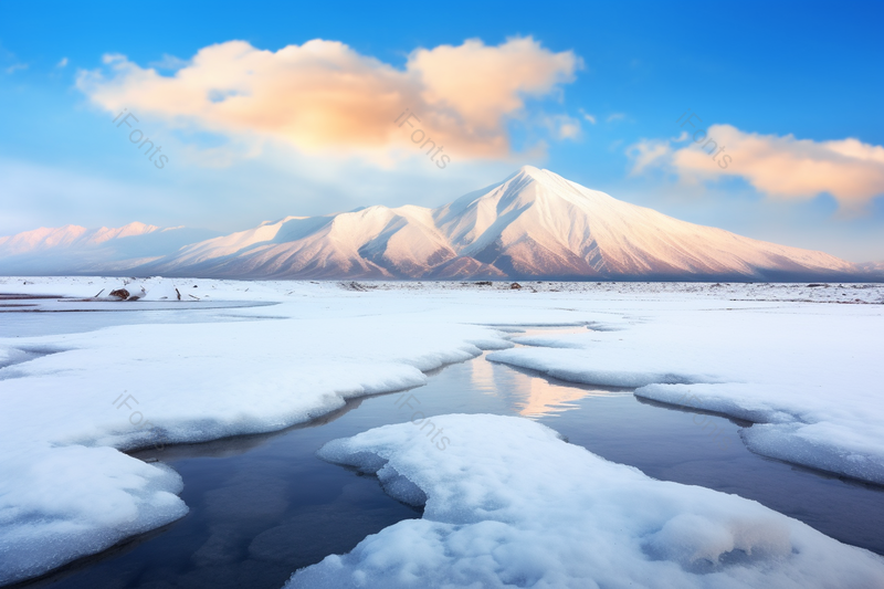 蓝天白云下初雪融化的冰面在雪山脚下的场景,高清,摄影图,摄影图片,图片大全,摄影图免费下载